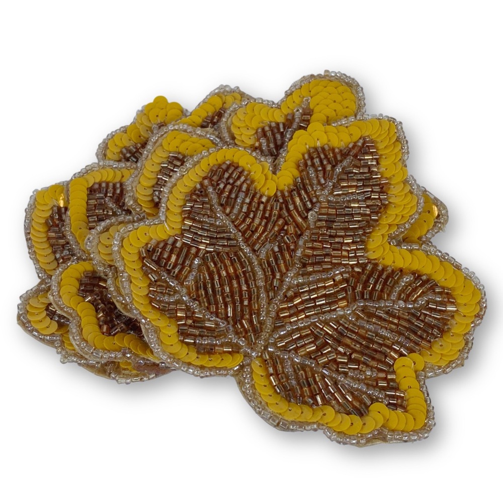 Vintage Handmade Set Of 4 Beaded Gold Satin Back Maple Leaf Drink Coasters